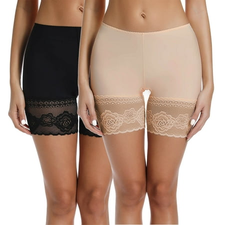 MANIFIQUE 2 Pack Women Slip Shorts for Under Dresses Anti Chafing Underwear Lace Boyshorts Panties for Summer
