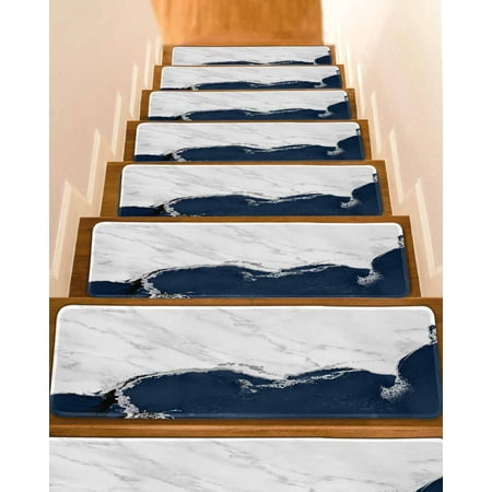 Blue Marble Crack Stair Treads for Wooden Steps Indoor Runner Rug Carpet Modern Abstract Geometric Texture 7 Pieces Peel and Stick Staircase Step Treads Covers Washable Throw Door Mats 30 x8