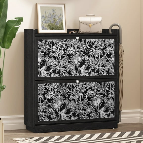 H&3L  Shoe Storage Cabinet for Entryway with 2 Flip Drawers, Slim Black Shoe Cabinet Stackable for Narrow Space, Hidden Wooden Shoe Organizer for Hallway, Foyer