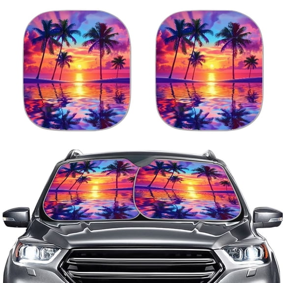 Binienty Windshield Sun Shade Sunset Palm Trees Foldable 2 PCS Car Sunshades Heat Insulation and Cooling Window Shades 28.5 x 25.5 Inches Fit Most Cars, Sedan, Suv, or Van