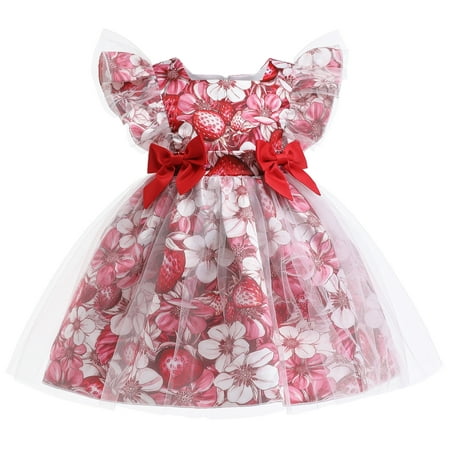 

3T Toddler Girls Wedding Princess Dress Party Dress Formal Pageant Dress 4T Toddler Girl Fly Ruffled Sleeve Floral Prints Ruffled Tulle Layer Party Formal Pageant Dress Red