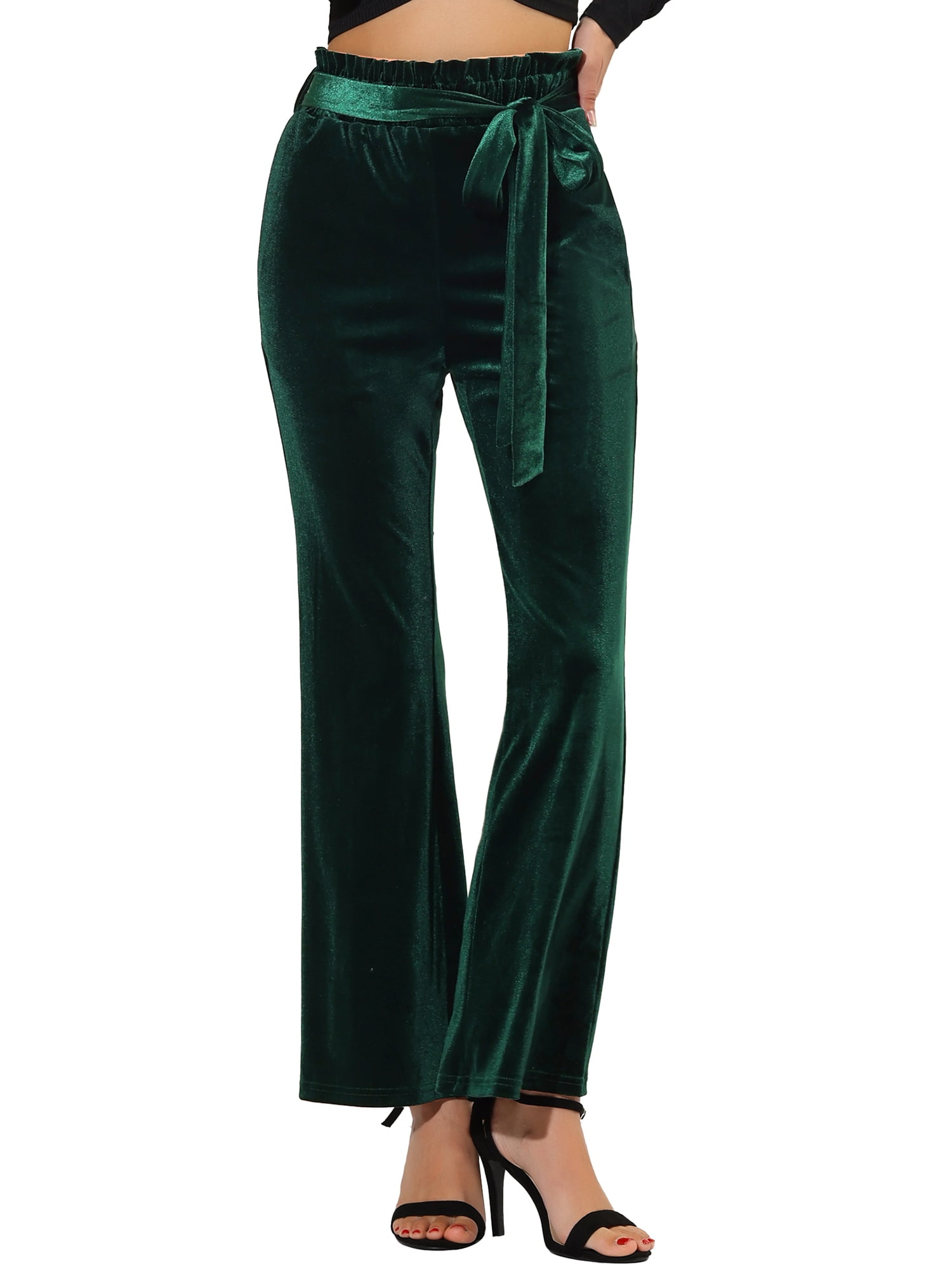 DARING DIVA Women's Velvet Tie Waist Wide Leg Stretchy Pants Trousers XS Dark Green