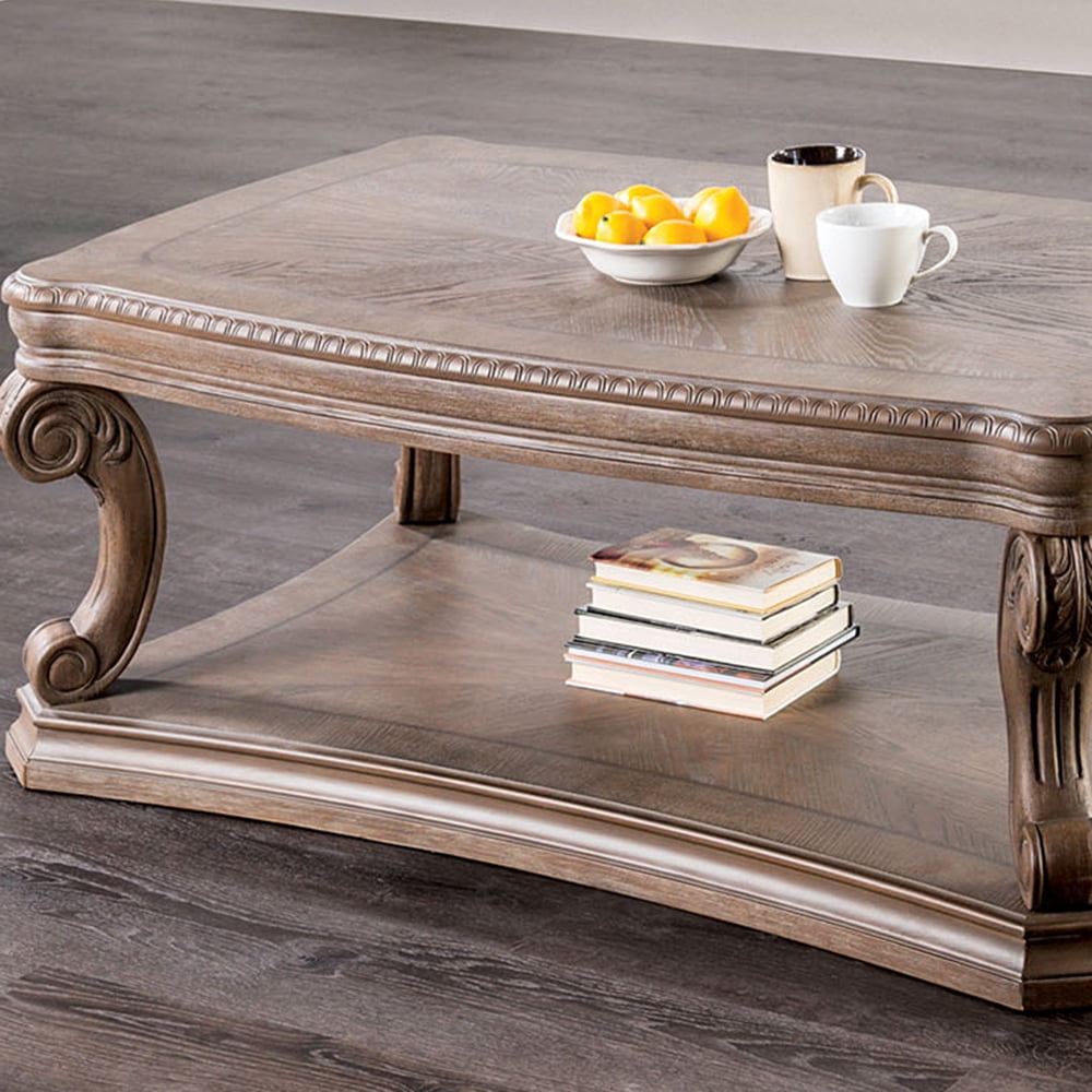Furniture of America Protude Traditional Solid Wood 52-inch Coffee Table with Bottom Shelf, Weathered Oak