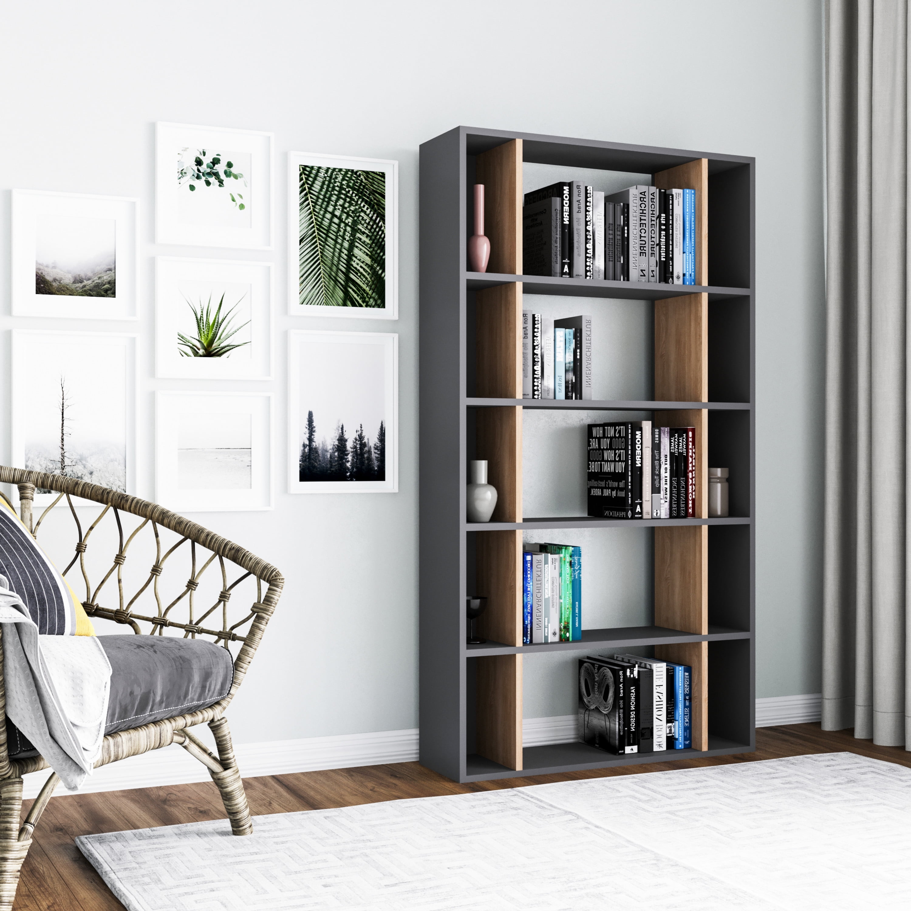 Ada Home Decor Sanborn Multiple Tier Open Shelf Modern Bookcase, Anthracite/Oak
