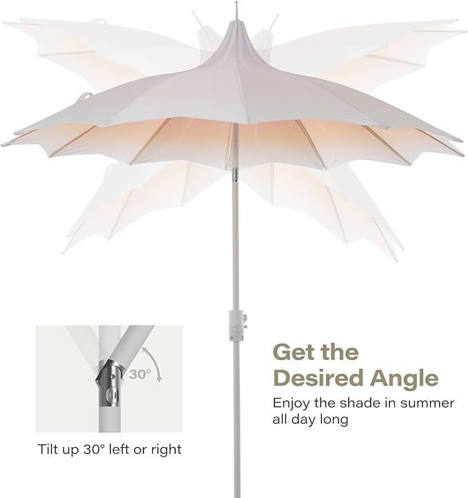KAMEROUT 9ft Pagoda Patio Umbrella with Petal Shape Canopy, Market Umbrella with Push Button Tilt & Easy Crank, Gradient Beige