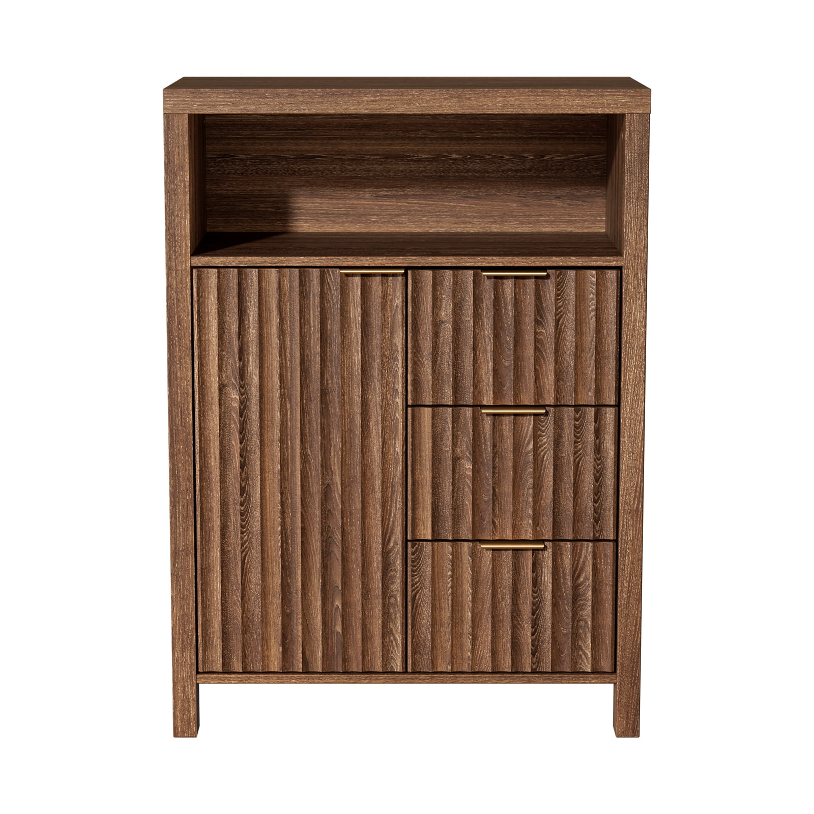 Ktaxon Fluted MDF Bathroom Floor Cabinet with Grille Single Door and Three Drawers, Walnut