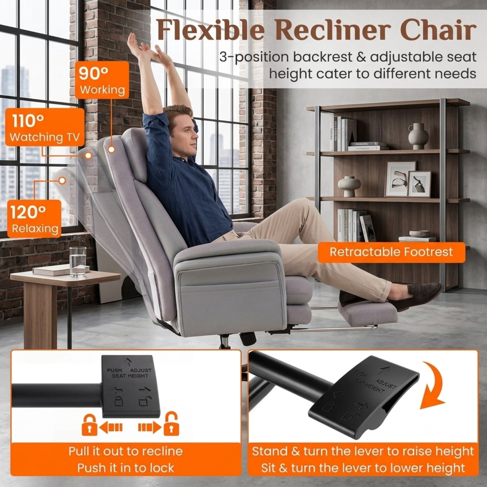 Furnibear Big and Tall Ergonomic Office Chair 400 lbs High Back Wide Linen Computer Chair with Retractable Footrest, Gray