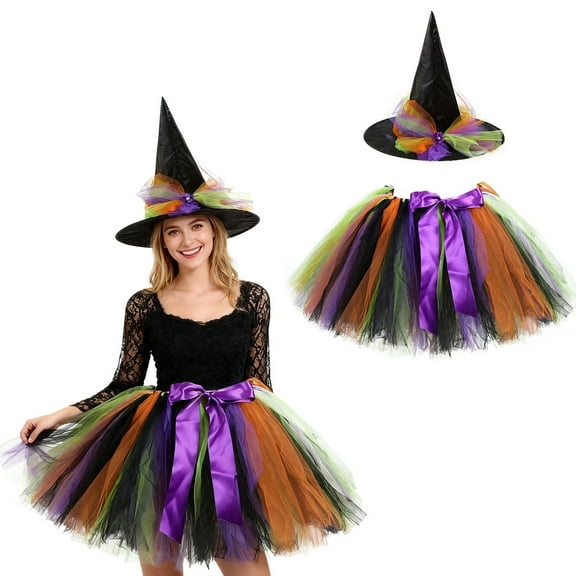 Halloween Witch Costume for Women Rainbow Witch Tutu Outfit Skirt Hat Free Size Halloween Party Dress Up Supplies Purple Set 1