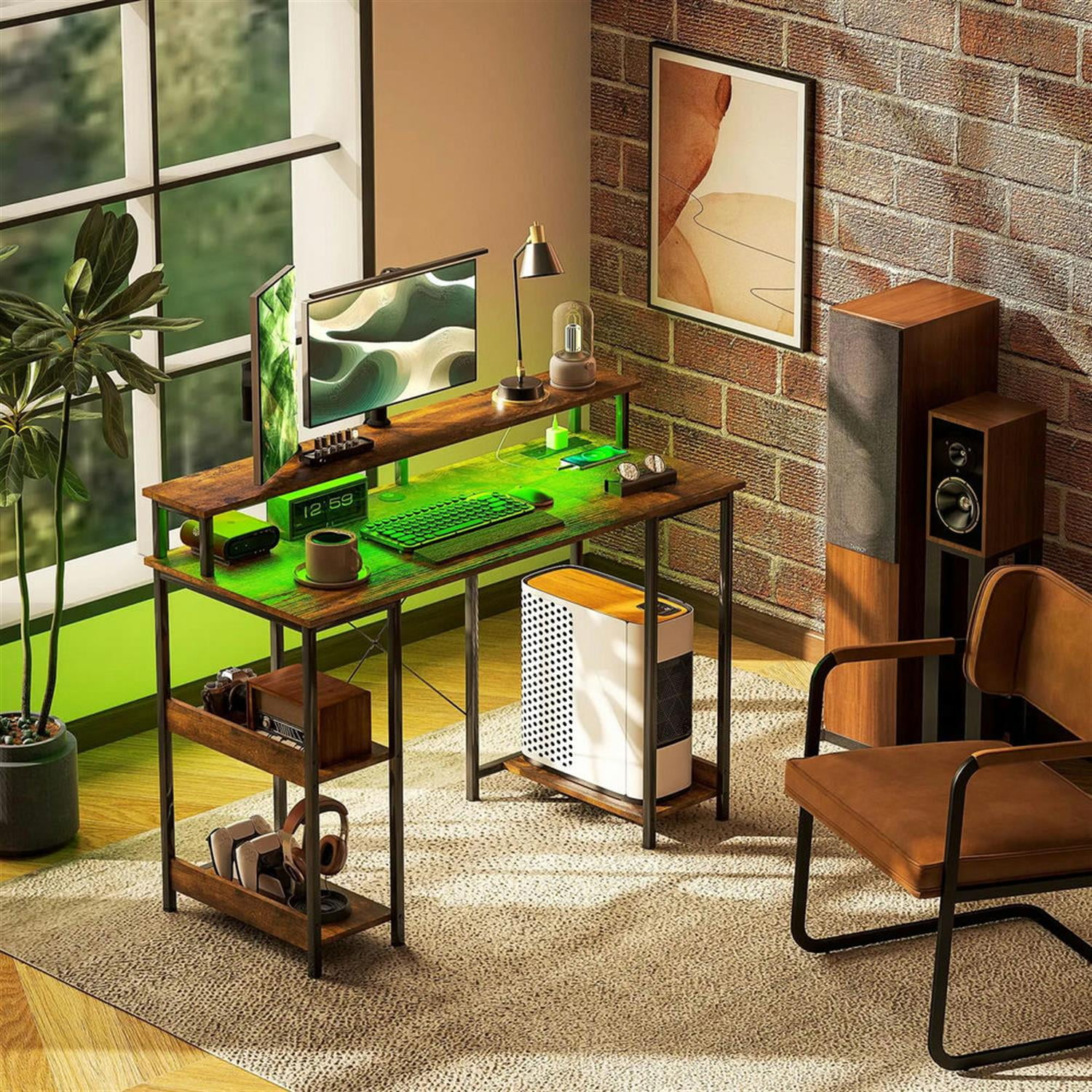 Demi Bonn 47" Reversible Office Desk with LED Lights and Power Outlets, Home Computer Desk for Living Room, Office, Study Table PC Desks, Brown