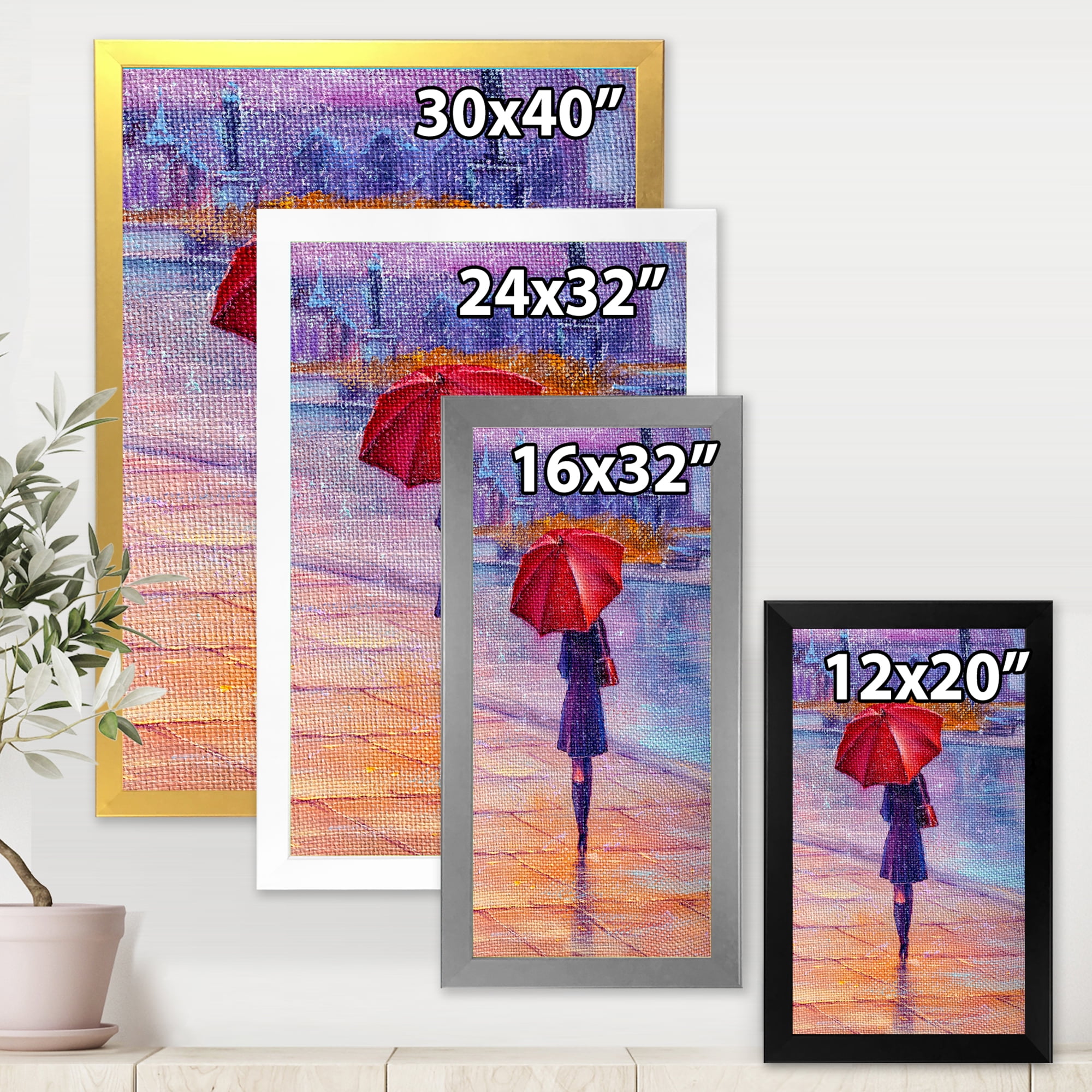 Designart 'Girl Walking With Red Umbrella Under The Rain' French Country Framed Art Print