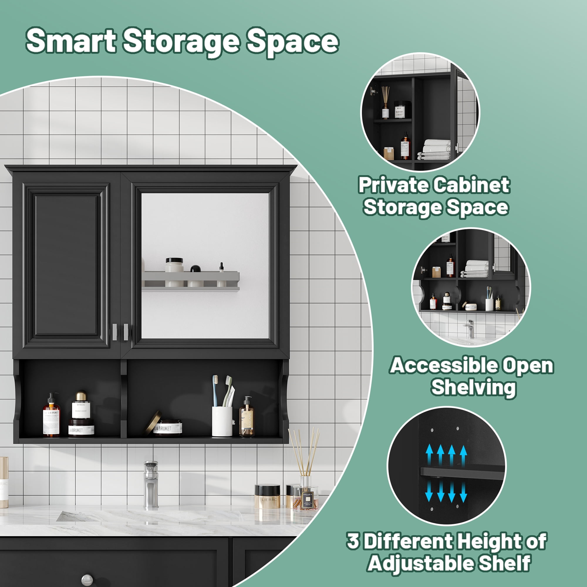 30 Inch Mirror Medicine Cabinet with Open Shelves, Wall Mounted Home Storage with Doors & Mirror, Adjustable Shelf, Bathroom Storage Cabinet over Toilet