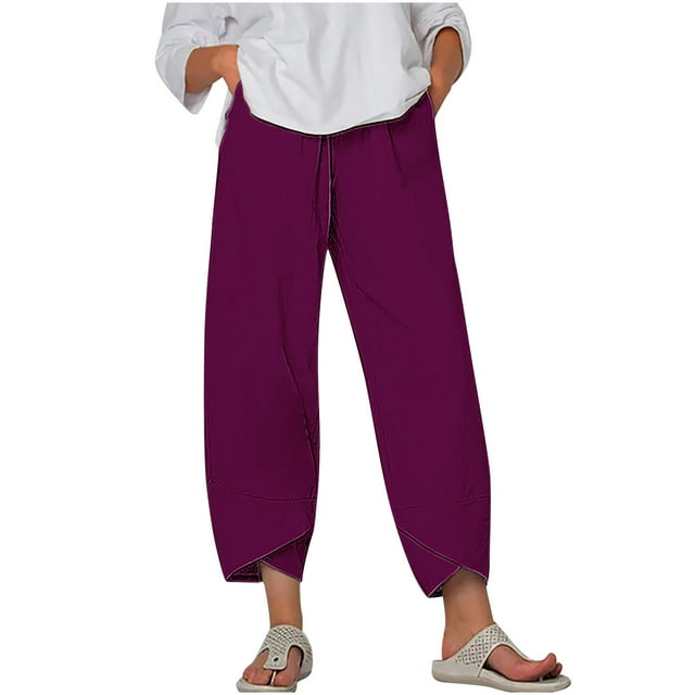 Timegard Plus Size Pants for Women Elastic Waist Solid Color Comfy Fall Casual Crop Pants with Pockets