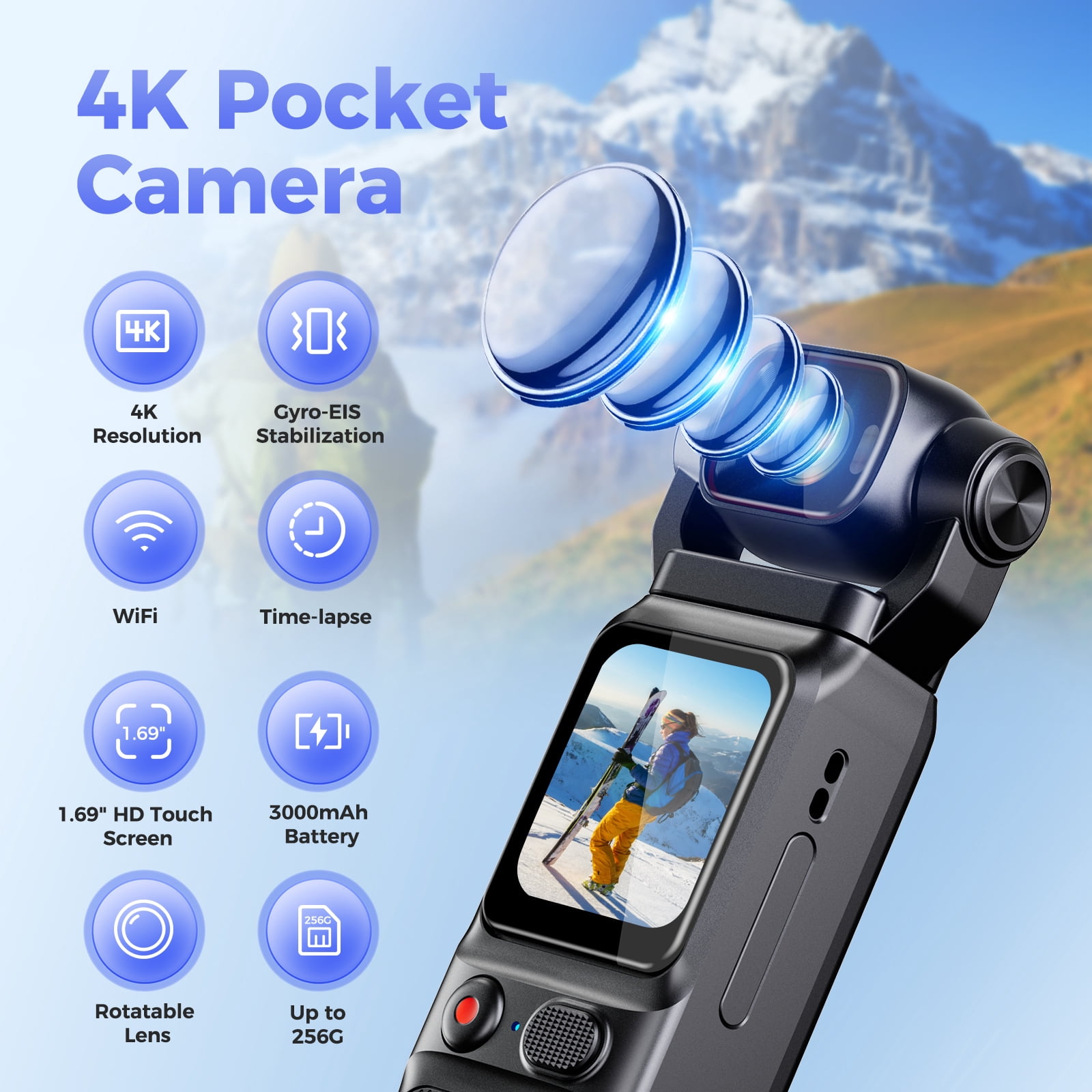 4K/30FPS 48MP vlogging Camera Pocket Action Camera with 6-Axis Stabilization 180° Rotatable Lens 160° Wide Recording WIFI Digital Vlog Camera for YouTube Travel Creators
