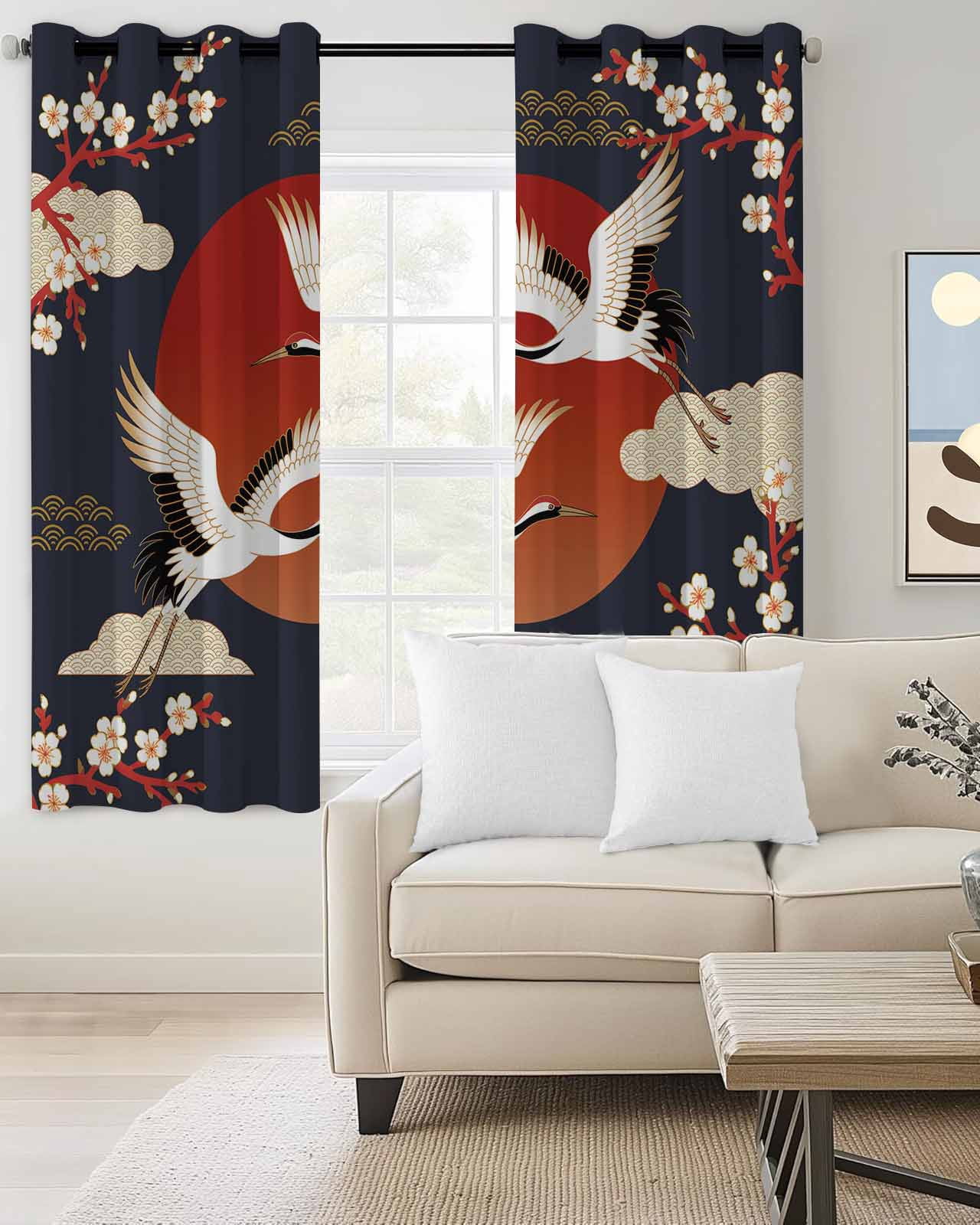 Japanese Style Blackout Curtains for Bedroom/Living Room, Thermal Insulated Kitchen Curtains, Modern Cranes Cherry Flower Wave Red Blue Grommet Darkening Window Treatment Drapes 52"x63"x2