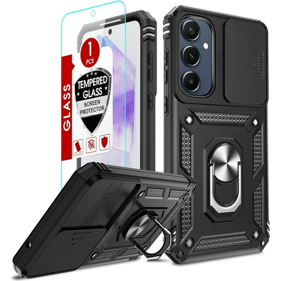 for Samsung A55 Case, Samsung Galaxy A55 5G Case with Slide Camera Cover   Tempered Glass Screen Protector, Military-Grade Cell Phone Case Cover with Metal Ring Stand for Galaxy A 55 5G, Black