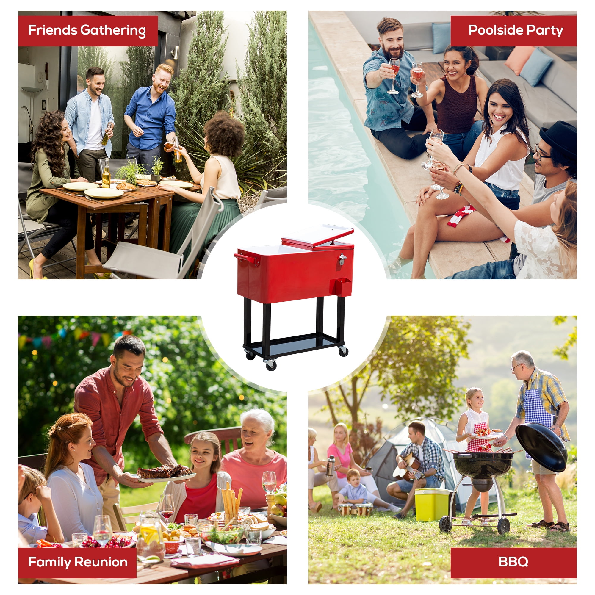 Kitchen Refrigerators Outsunny 80 QT Rolling Cooling Bins Ice Chest on Wheels Outdoor Stand Up Drink Cooler Cart for Party, Red,Side By Side Refrigerators For Kitchen