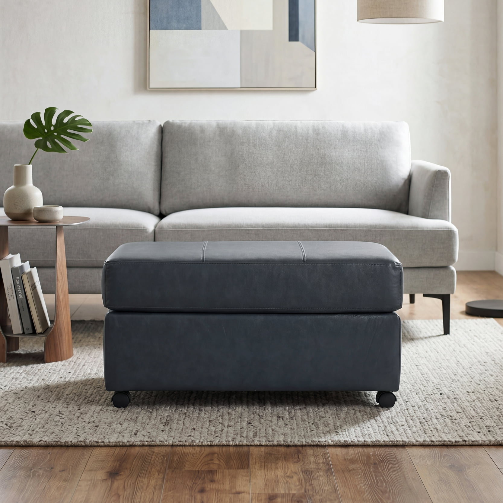 Roundhill Furniture Sakan Leather Upholstered Ottoman, Blue