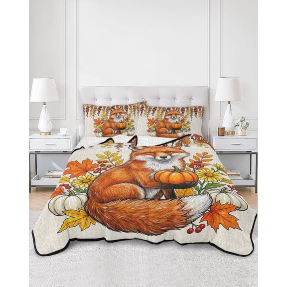 Quilts Twin Size, Fox Thanksgiving Soft Comforter Bedding Set for Bed, Fall Pumpkins Leaves Rustic Lightweight Quilted Bedspread with Pillow Cover(2 Pieces) for All Season, 68x86 Inch