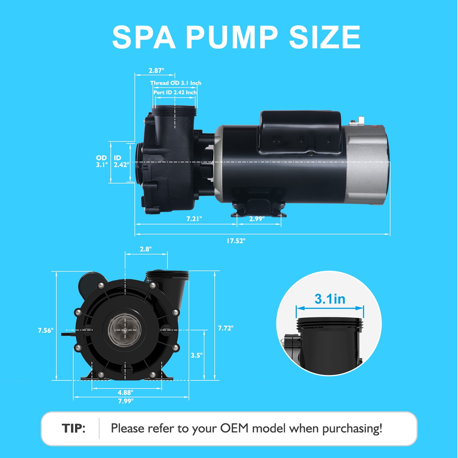 LINGXIAO SPA Pump, 230V Hot Tub Pumps, 2 Speed LX SPA Pump Motor, 3HP /60HZ, 2" Port, 48Y Motor- Model: 48WUA2002C-II