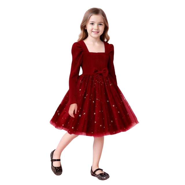 Vestido de manga larga con cuello redondo Vestido de niña de manga larga de color liso con empalme de malla de estrellas y lazo Vestido casual de niña Vestido de poliéster