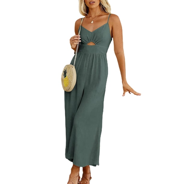 Txlixc, mono de tirantes finos de verano para mujer, mono de Color sólido con cuello en V y cintura alta, peleles de pierna ancha con bolsillos Txlixc Estilo de ocio