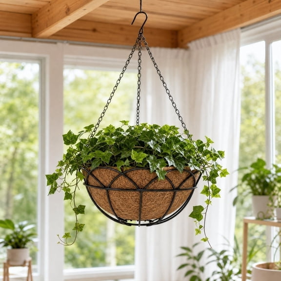 12 Inch Hanging Basket with Coconut Fiber Liner - Weather Resistant, Black Vinyl Coating, Heavy Duty Chain Included, Solid Round Bar - Patio Décor, Indoor Outdoor Use