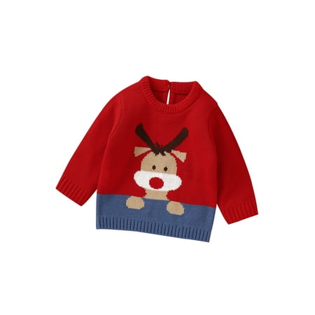 

Toddler Baby Christmas Sweaters Winter Long Sleeve Round Neck Deer Print Thick Knitted Pullover Tops Red Xmas Outfit