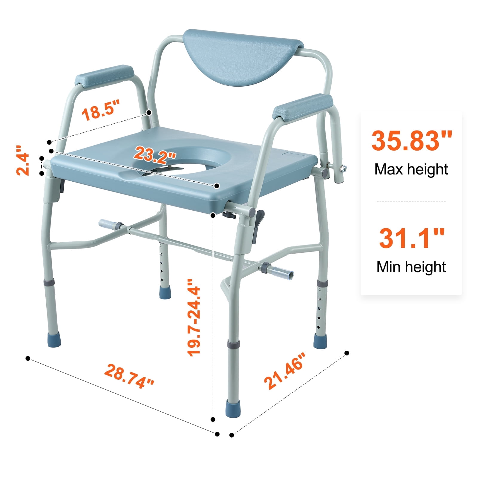 KFFKFF Portable Commode Chair, Adjustable Height with 5 Levels, Drop-Arm Design, Detachable Backrest, 7L Easy-Clean Bucket, Quick Assembly, Supports up to 1000lbs, Ideal for Elderly and Adults