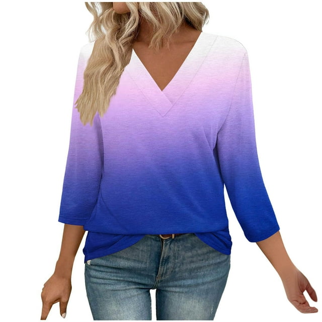 Yuyuzo Hauts 3/4 pour Femmes T-Shirts à Col Rond à Blocs de Couleur Haut d'Été T-Shirts Amples