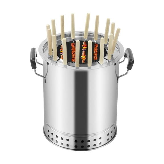 2-In-1 Design,Mini Portable Barbecue Charcoal Barrel Grill, 16 Holes Stainless Steel Surround Charcoal Kebab Grill with 30 Skewers for Camping, Picnics, Parties