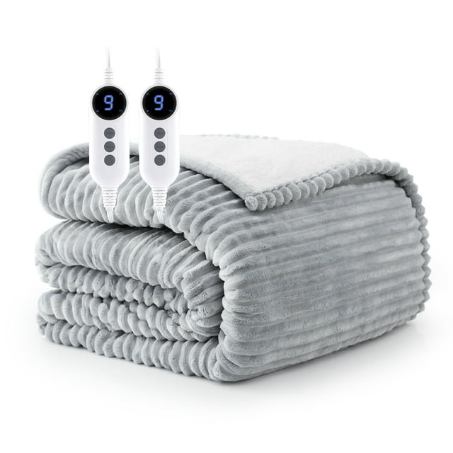 JUSTLET Heated Blanket Electric Queen, 84"x90" Heating Blanket Throw, 6 Heat Levels & 1-9 Hours Auto-Off Over-Heat Protection, Ribbed Flannel to Sherpa, Machine Washable, Light Gray