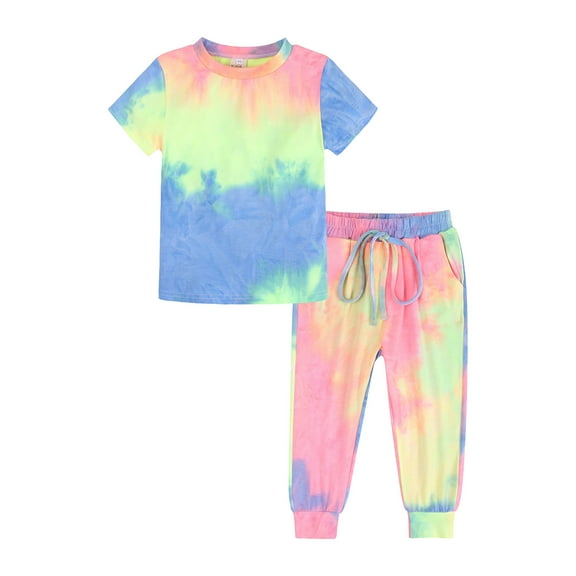 MHZLDYZ Clearance Girl Clothes Size 10-12 Kids Toddler Boy Girls Clothes Sports Casual Tie Dye Prints Short Sleeves T Shirt Elastic Waist Pants Set Outfit Girls Outfits Size 7/8 (Green,130)