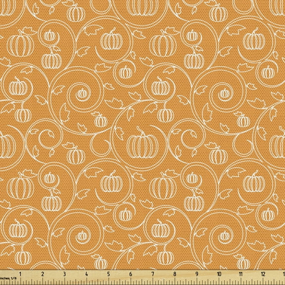 Ambesonne Harvest Fabric by the Yard Upholstery, Pumpkin Leaves Swirls, 2 Yards, Orange White