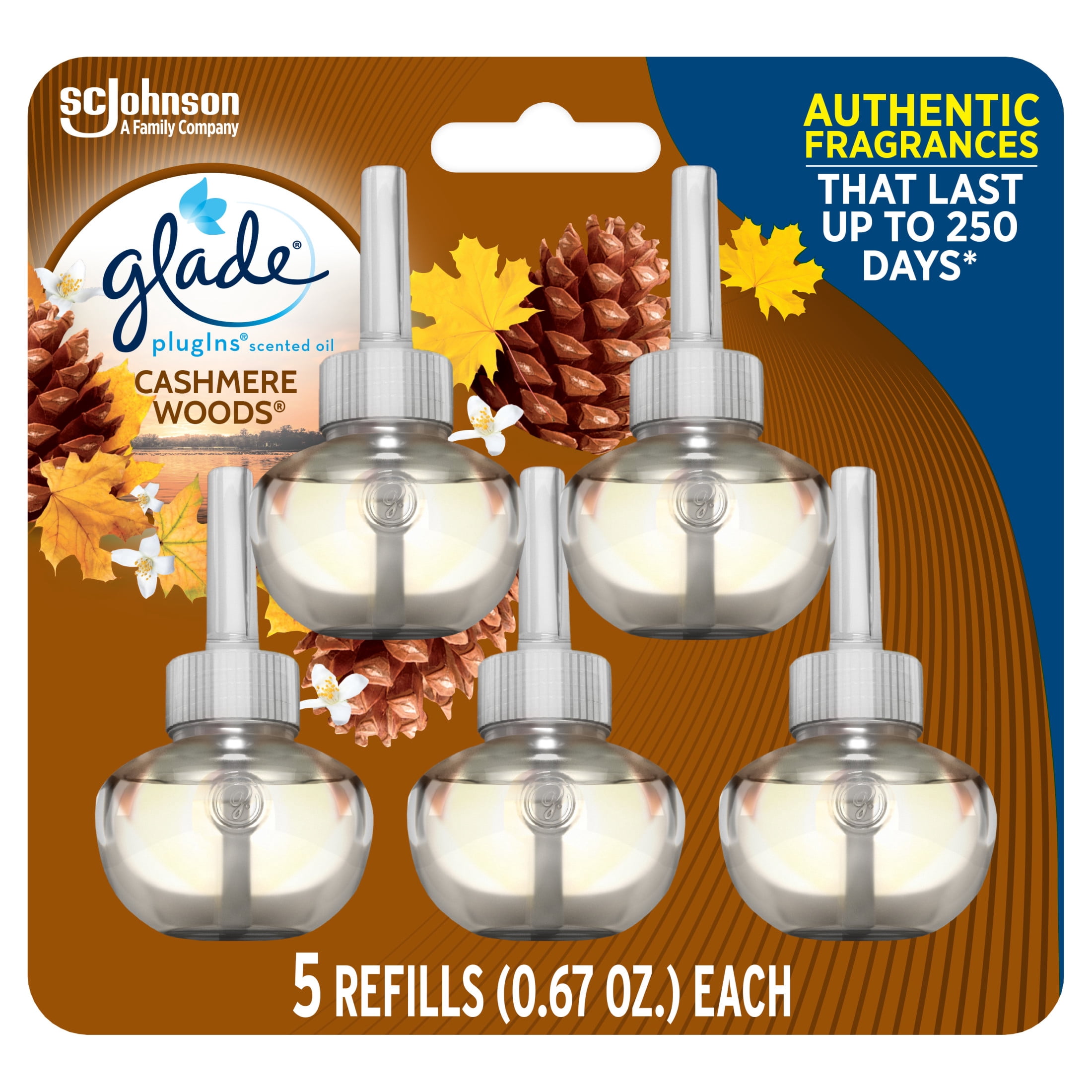 (5 pack) Glade PlugIns Scented Oil 5 Refills, Air Freshener, Cashmere Woods, Essential Oil Infused Wall Plug In, 3.35 FL oz, Pack of 5