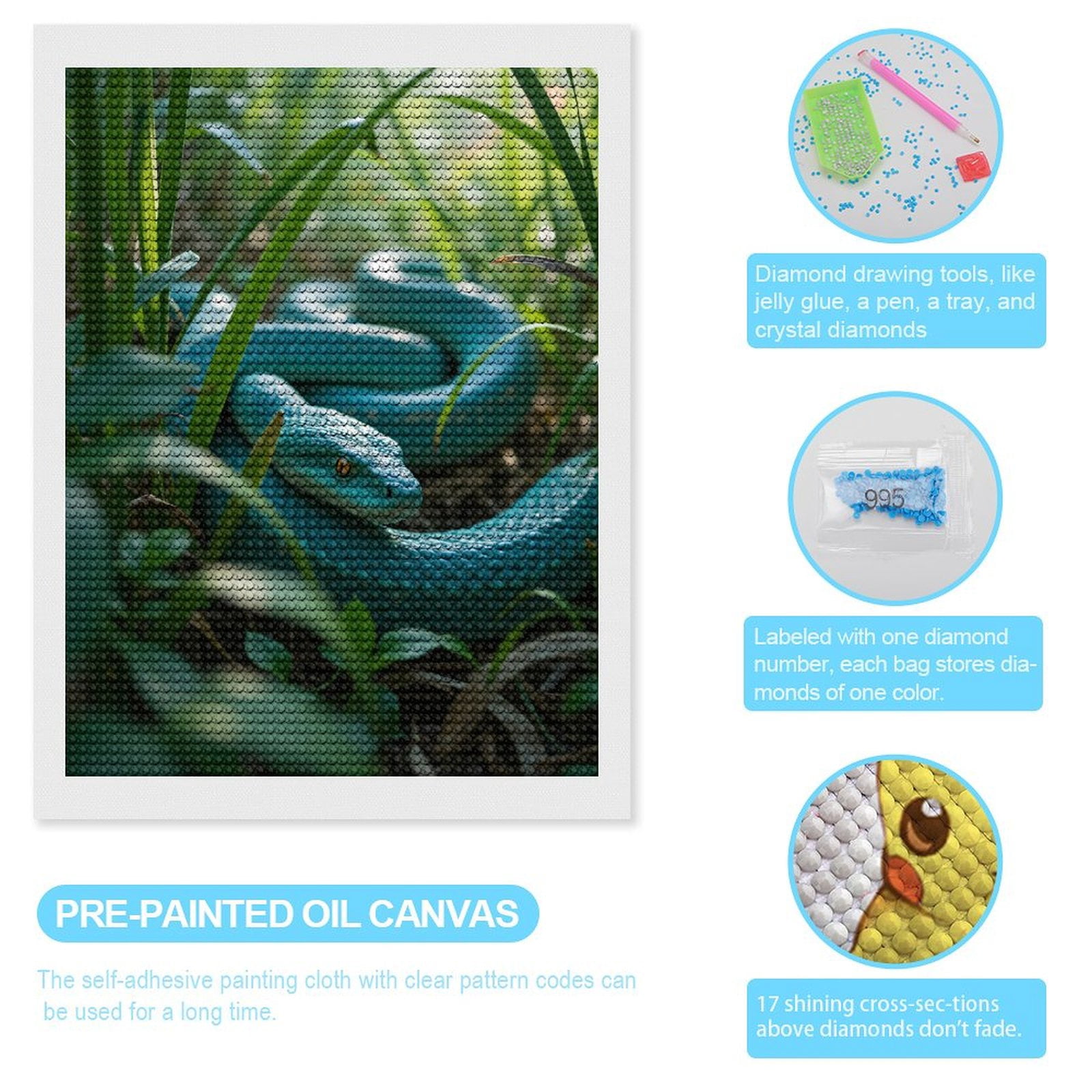 Diamond Art Kits for Adults, Turquoise Snake In Lush Grassland 5D Diamond Painting Kits for Adults Beginners, DIY Full Drill Diamond Painting, Gem Art and Crafts 12x16
