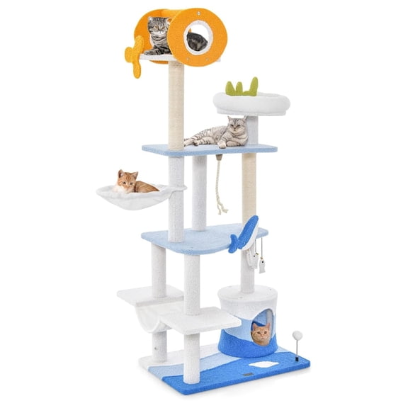 Ocean-Themed for Indoor Cats, Multi-Level Cat Tower with Natural Sisal Scratching Posts, Hanging Toys Padded Top Perch, Modern for Large Cats 20 lbs Heavy Duty (66")