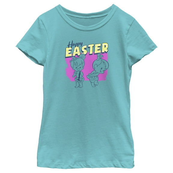 Girl's The Flintstones Pebbles and Bamm-Bamm Happy Easter  Graphic Tee Tahiti Blue X Small