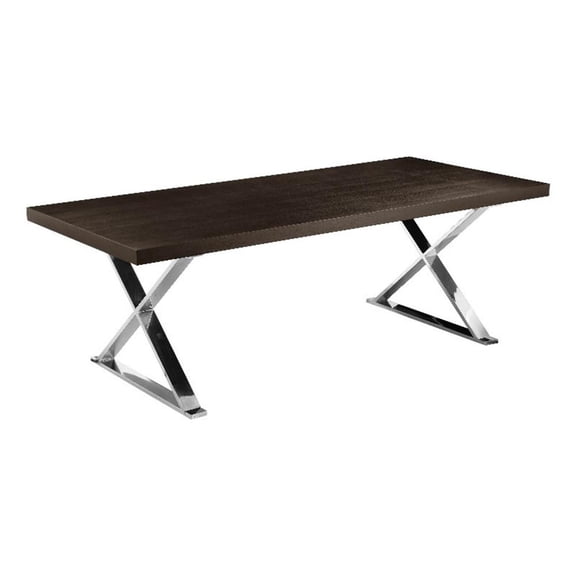 Rix 87 Inch Dining Table, Espresso Brown Wood Top, X Chrome Steel Legs