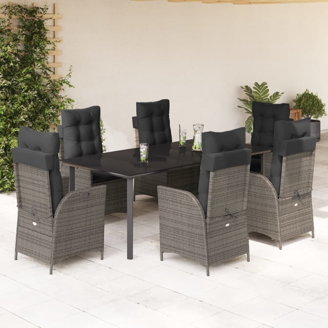 vidaXL 7 Piece Garden Dining Set with Cushions Grey Poly Rattan