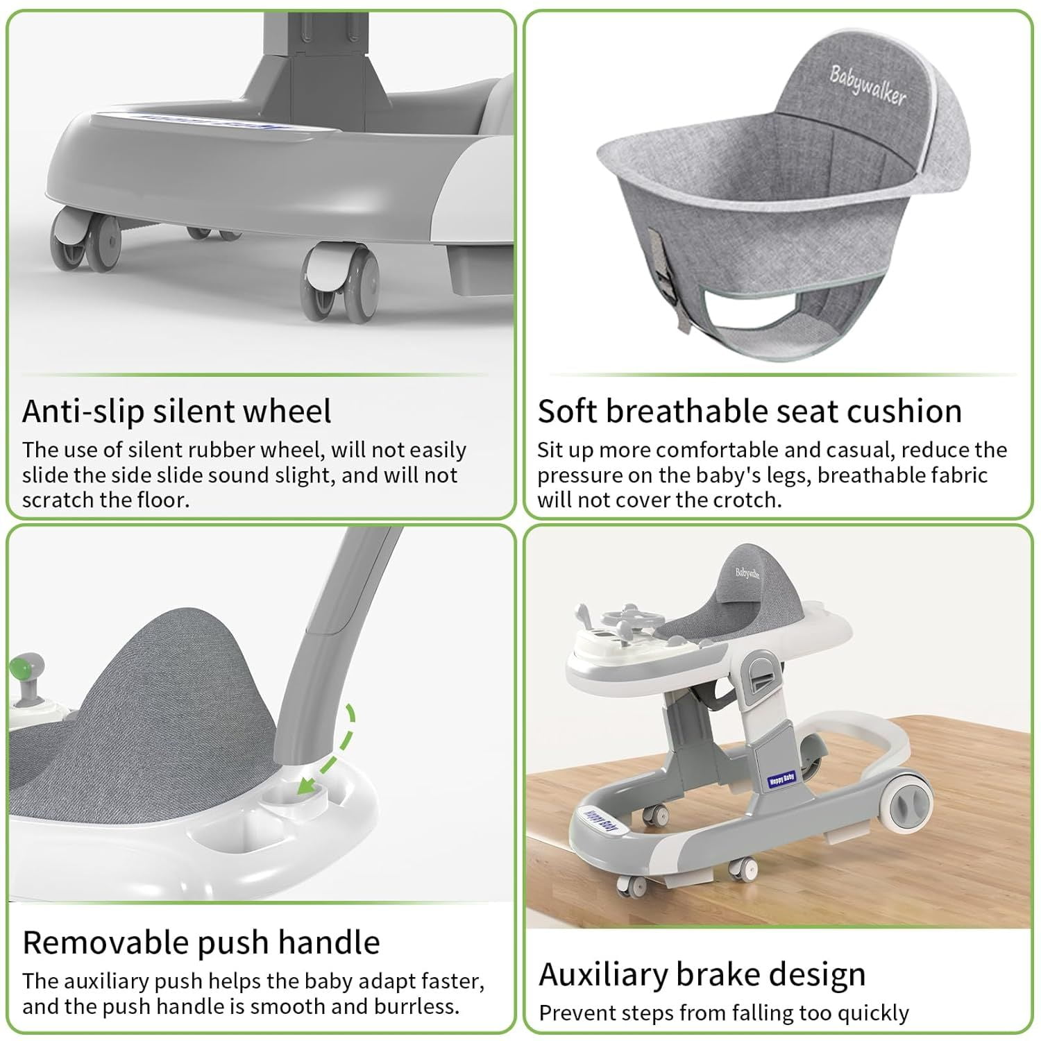 HENG Co. 5-in-1 Foldable Baby Walker with Foot Pads & Handles for Boys and Girls 6-24 Months, Gray