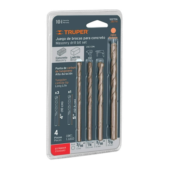 Juego de 4 brocas para concreto, punta de carburo, Truper TRUPER JBCT-4
