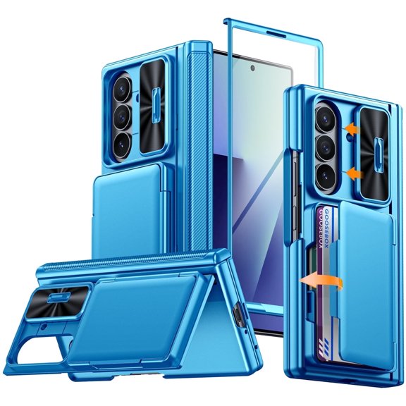 Vizvera for Samsung Galaxy Z Fold 7 Case with Card Holder [RFID Blocking] Camera Cover, Hinge Protection, Hidden Kickstand, Screen Protector, Slim Shockproof Phone Case for Galaxy Z Fold 7-Light Blue