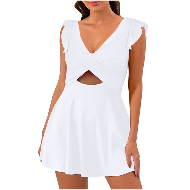 COM1950s Maillot de Bain pour Femmes Aguichant, Maillot de Bain à Volants Découpé, Robe de Bain Col en V, Maillots de Bain Grande Poitrine pour Femmes