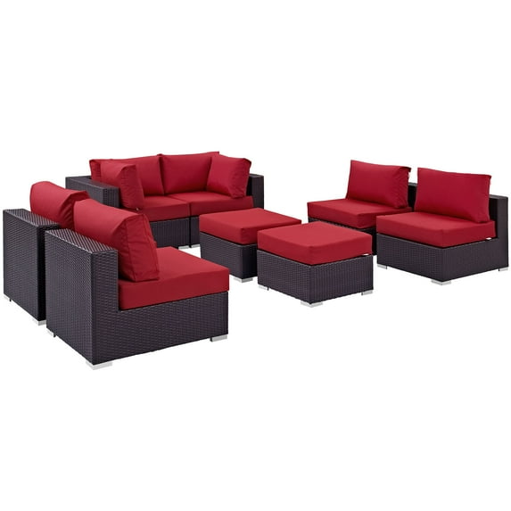 Modern Contemporary Urban Design Outdoor Patio Balcony Eight PCS Sectional Sofa Set, Red, Rattan