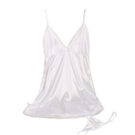

Women Nightgown Sexy Suspenders V-neck Solid Color Soft Silk Lingerie Sleepwear with Lace Trim Small Bows