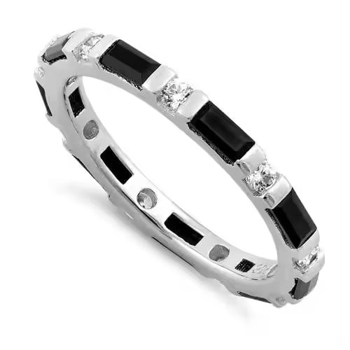Baguette and Round Cut Natural Black Onyx & Lab-Created Moissanite Bar-Set Eternity Wedding Band Ring in 925 Sterling Silver for Her