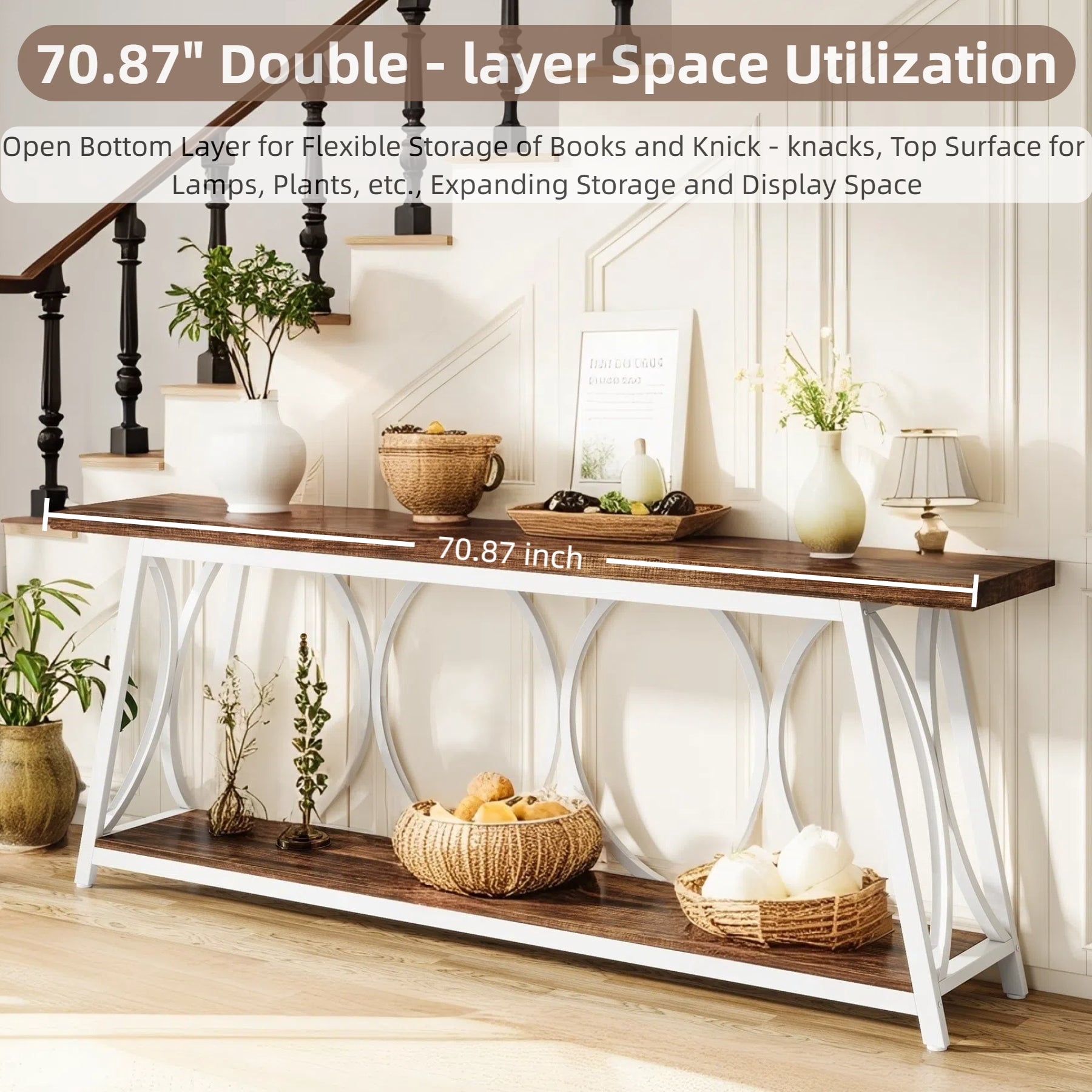 Fnova 70.87" Farmhouse Console Table for Entryway, 2-Tier Storage Long Narrow Wood Entryway Table, Metal Frame, Easy Assembly, Brown White