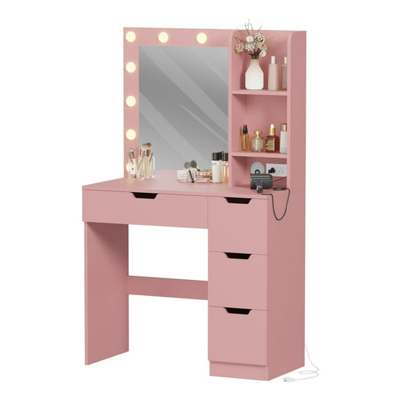 Garvee Vanity Desk with Mirror and Lights, 35.4" Makeup Vanity with 4 Drawers, 3 Open Shelves, Power Outlets & 3 Lighting Colors, Small Makeup Dressing Table for Bedroom