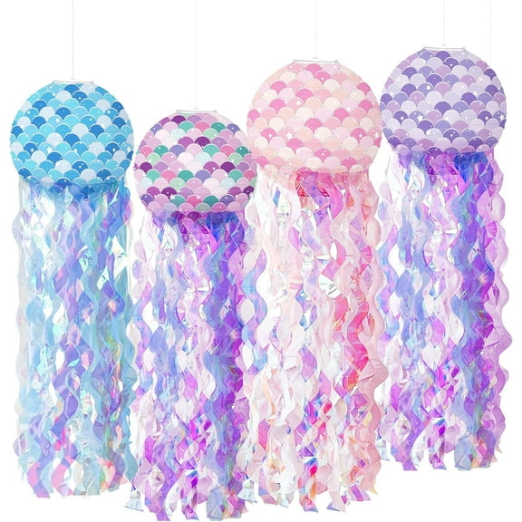 Mermaid Birthday Decorations Jellyfish Paper Lanterns Mermaid Scales Hanging Lantern for Girls Birthday, Baby Shower, Ocean Theme Party Decoration, Set of 4