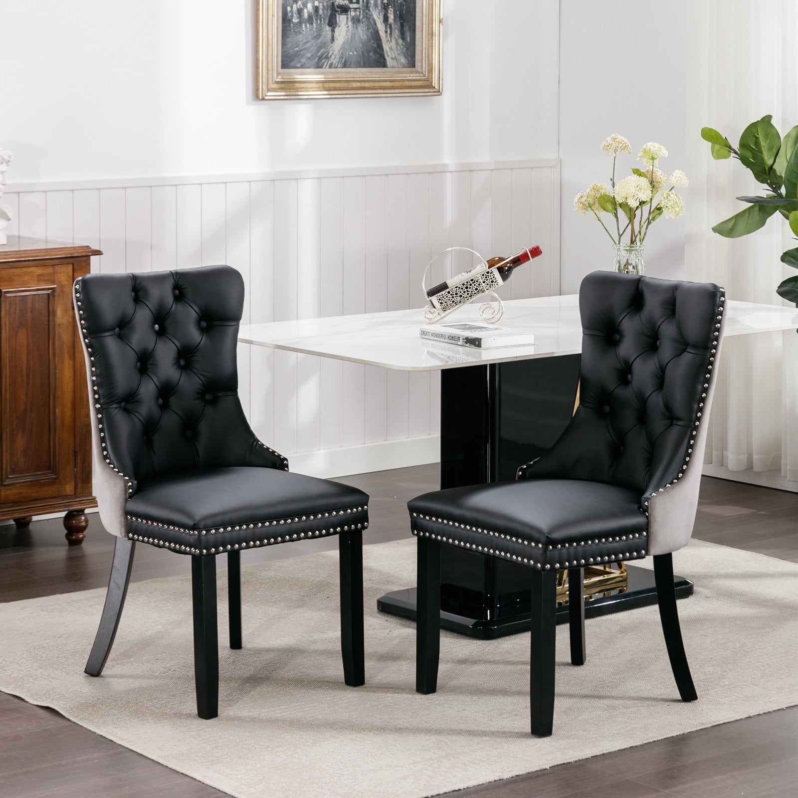 LegaHome Dining Room Chairs Set of 2, Modern Upholstered Velvet and PU Leather Dining Chair with Nailhead Trim and Solid Wood Legs, Tufted Button Padded Chairs Set for Kitchen Dining Room, Gray&Black